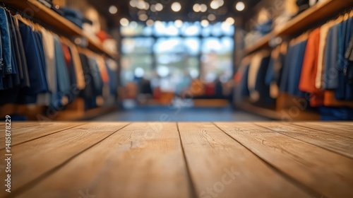 Wallpaper Mural Empty wooden table in foreground with blurred background of clothing store racks and hanging apparel under warm lighting Torontodigital.ca