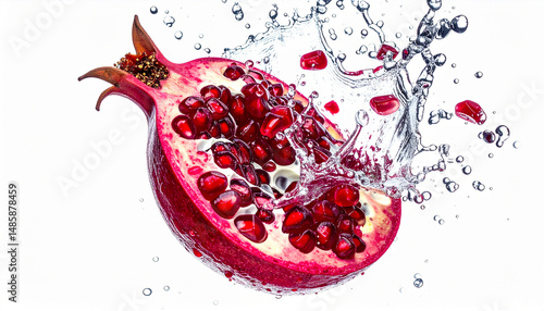 Pomegranate Slice Splashing in Water on White Background – Fresh and Dynamic Fruit Concept