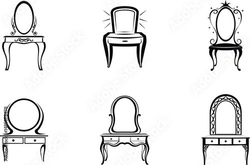 Collection of black and white elegant vanity table and mirror illustrations