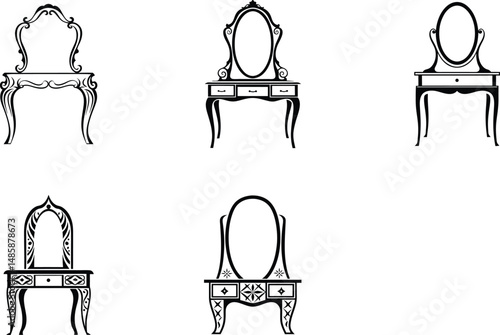 Vintage dressing table designs black and white vector illustration set
