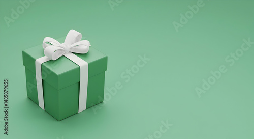Bow, Present, Surprise, Green Gift Box with White Ribbon on Green Background