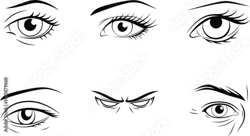 Diverse collection of stylized eyes illustrating various emotions and expressions in black and white