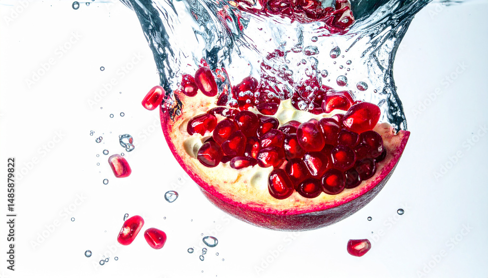 Pomegranate Slice Splashing in Water on White Background – Fresh and Dynamic Fruit Concept Pomegranate Slice Splashing in Water on White Background – Fresh and Dynamic Fruit Concept