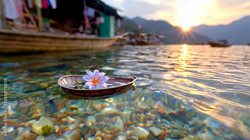 Obraz premium Flower in Boat Floating on Water at Sunset