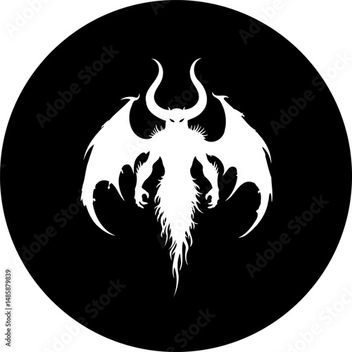 Stylized depiction of a winged demonic figure with prominent horns illustration