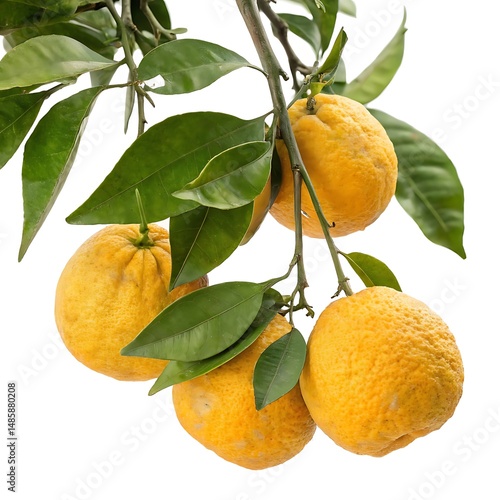 Wallpaper Mural Branch with four large yellow citrus fruit and green leaves against white Torontodigital.ca