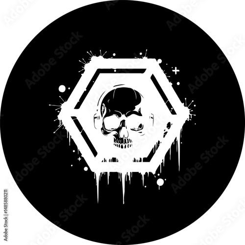 Hexagonal Skull Graphic with Splatter Design on a Circular Backdrop Art