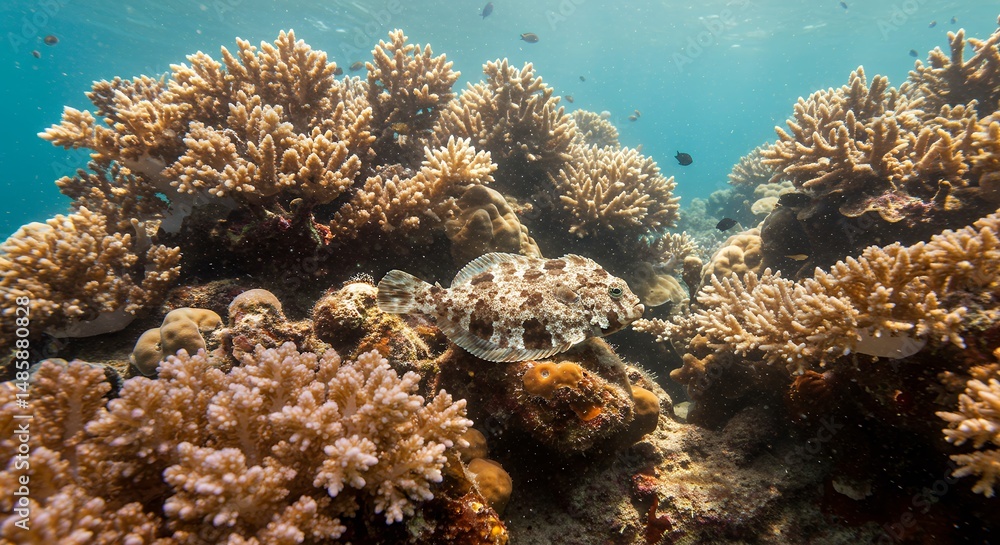 Fototapeta premium Flatfish Resting on Coral Reef in Underwater Scene