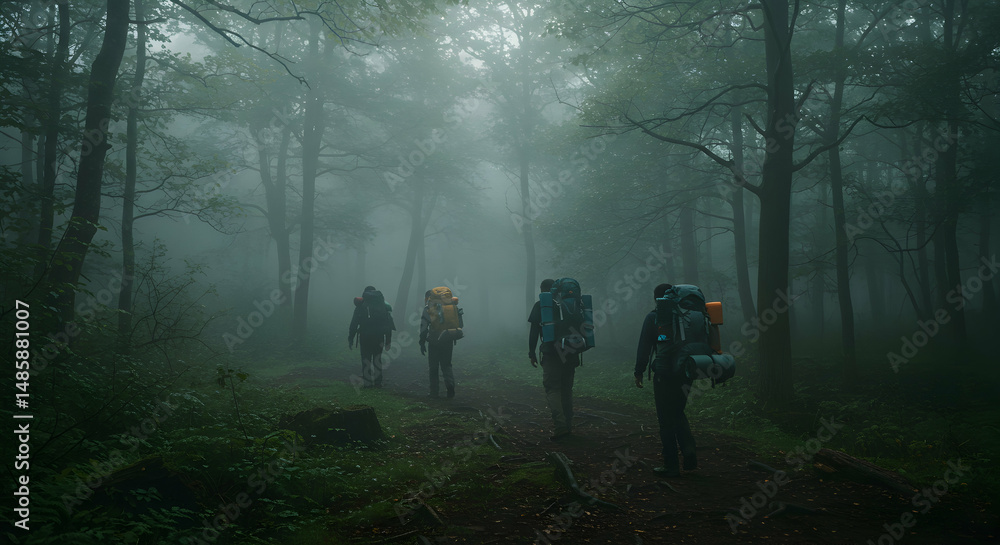 Obraz premium Backpacking, Woods, Misty, Hikers in Foggy Forest