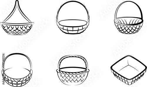 Collection of different woven basket line art illustrations variety of shapes