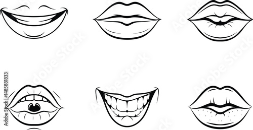 Line art lips collection smiling and pouting expressions in black and white