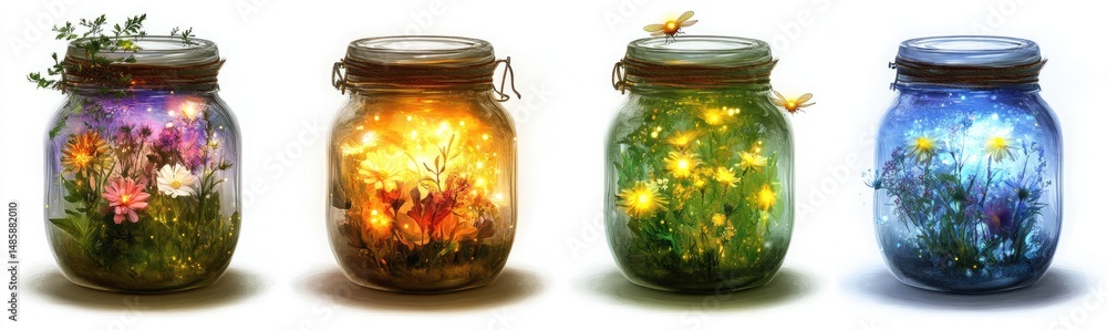 Four glass jars, each with a different colored, illuminated flora inside Four glass jars, each with a different colored, illuminated flora inside