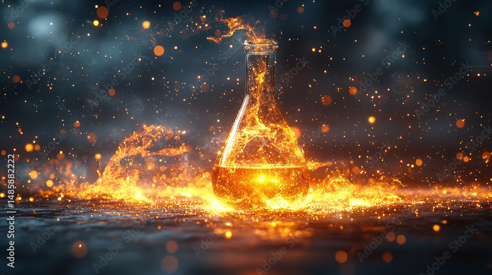 Obraz premium Glass flask with glowing liquid inside represents magical or scientific experiment, surrounded by fiery sparks and dark, atmospheric background