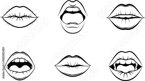 Vector illustration collection of different mouth and lips expressions in black and white