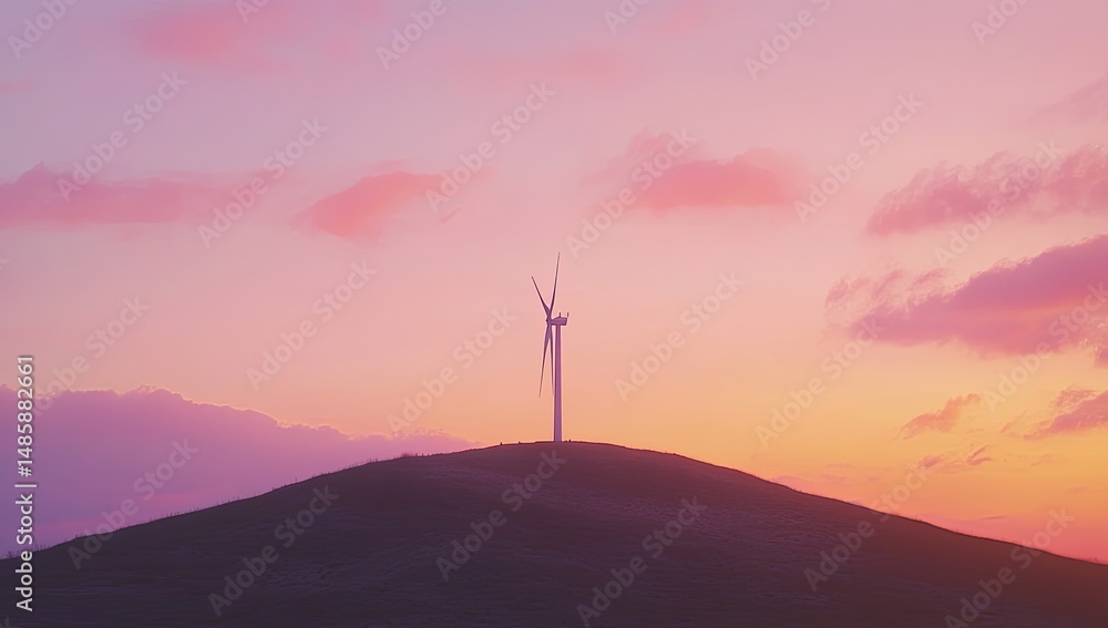 Wind turbine on hilltop at vibrant sunset Wind turbine on hilltop at vibrant sunset