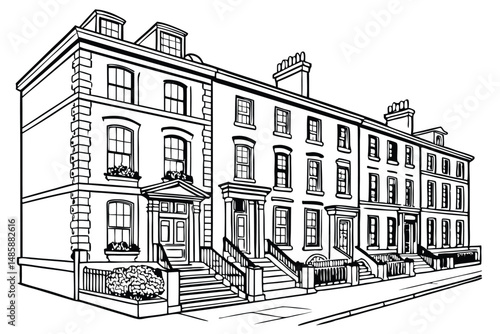Elegant Georgian Townhouse Line Art Vector | Classic British Architecture Illustration