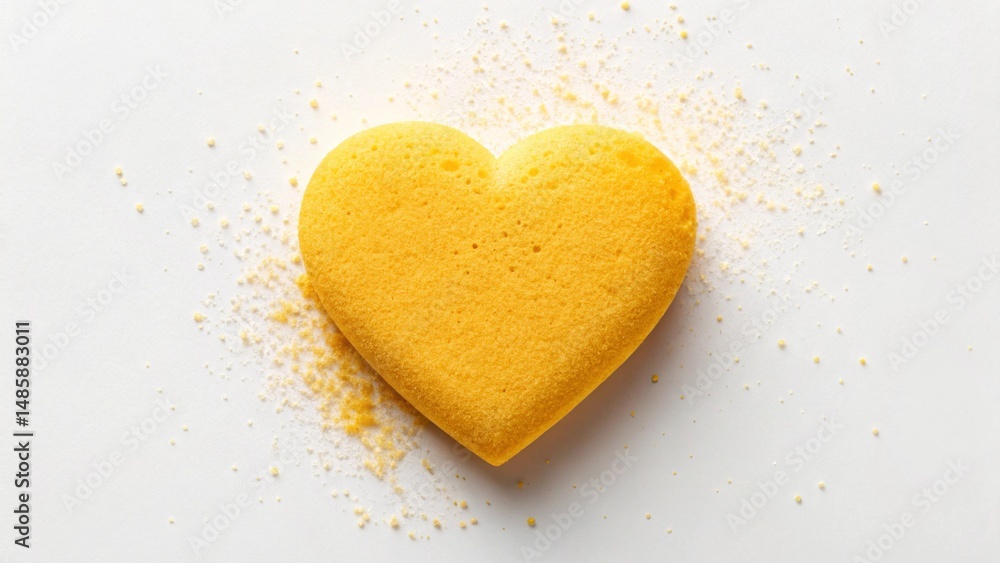 Obraz premium Close-up view of a single heart-shaped cookie, highlighting its rough surface texture and golden-brown color, with scattered crumbs around it, perfect for themes of baking