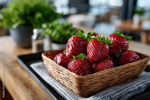 A vibrant display of fresh strawberries in a rustic woven basket, showcasing their bright red color and lush green leaves against a soft background of a modern café setting.