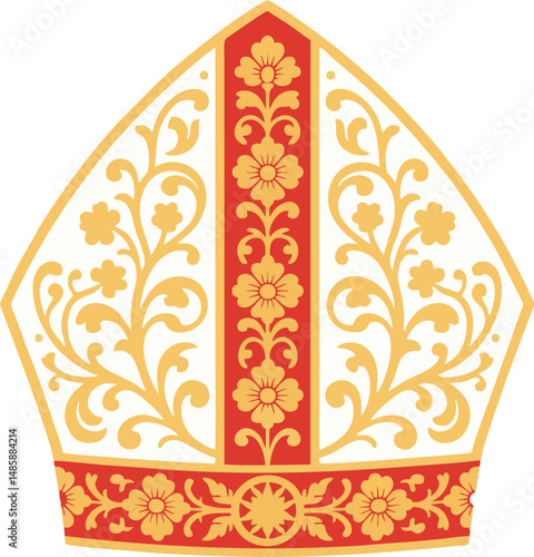 Flat Vector Illustration of Ornate Papal Mitre with Gold Floral Pattern – Traditional Catholic Bishop Hat Icon on White Background