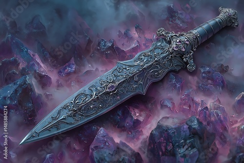 Ornate dagger on ethereal crystal landscape