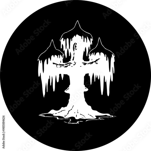 Stylized weeping willow silhouette on dark backdrop evoking a melancholic atmosphere