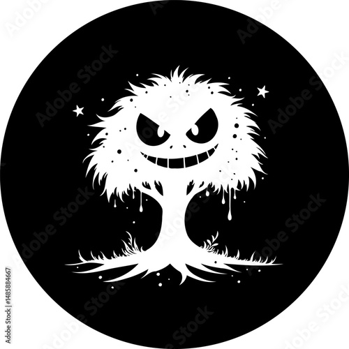 Sinister arboreal apparition with glowing stars in a stark contrast scene
