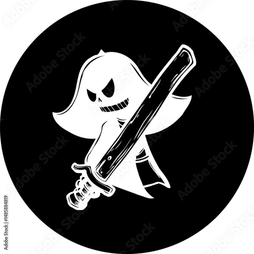 Stylized spectral swordsman emblem with stylized skull and crossed blade graphic