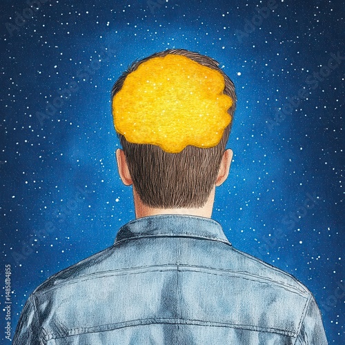 Man with Glowing Yellow Idea on Head Against Night Sky