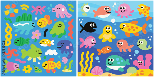 Collections of colorful vector, stylized sea creatures and underwater elements are presented in a cheerful graphic style on blue backgrounds.