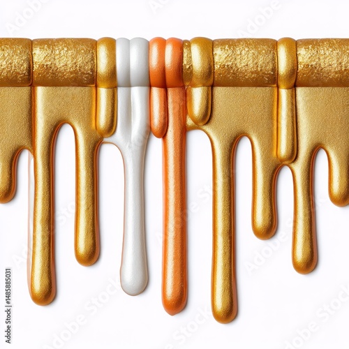 Metallic Gold Copper and White Paint Drips on White Background