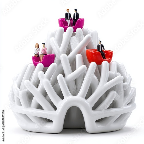 Miniature Figures on Vibrant Seats Atop a White Ceramic Structure