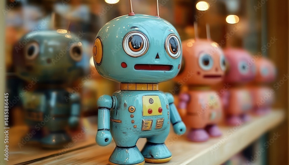 Naklejka premium Close-up of a vintage style blue toy robot with large eyes and antennae standing on a wooden surface with two similar pink robots blurred in the background