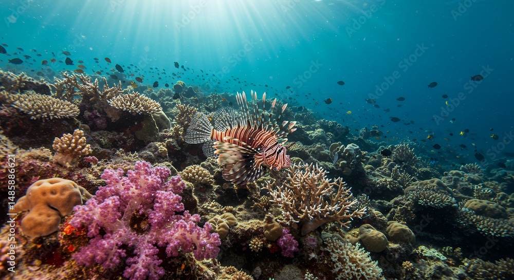 Fototapeta premium Lionfish Swimming Over Coral Reef
