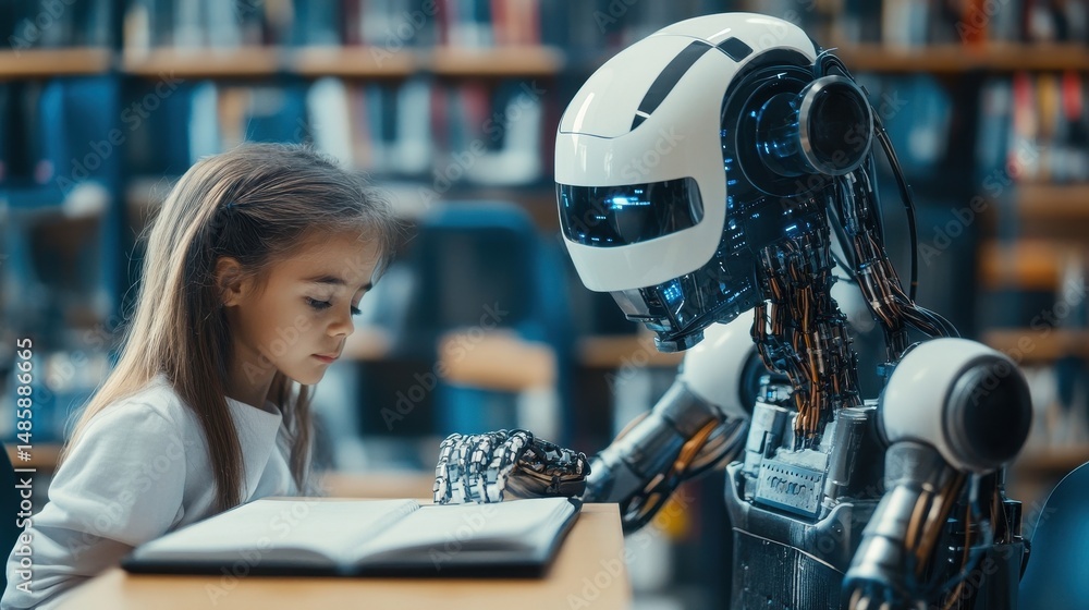 Fototapeta premium girl reading with robot in library