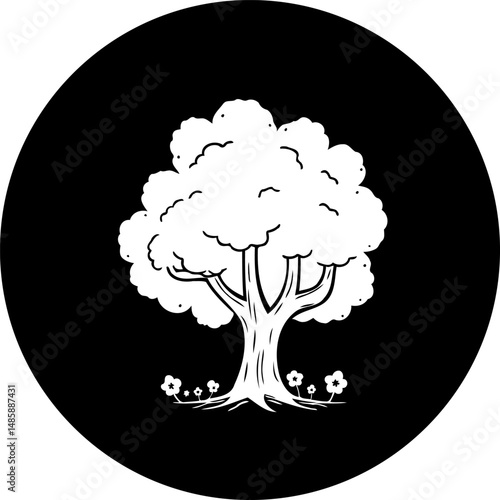 Stylized White Tree Silhouette within Black Circle Backdrop, Artistic Rendition