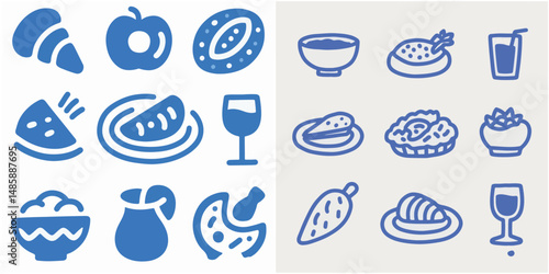 An vector image featuring multiple blue icons representing various food and drink items arranged in grids, highlighting the minimalist, graphic, and stylized visual.