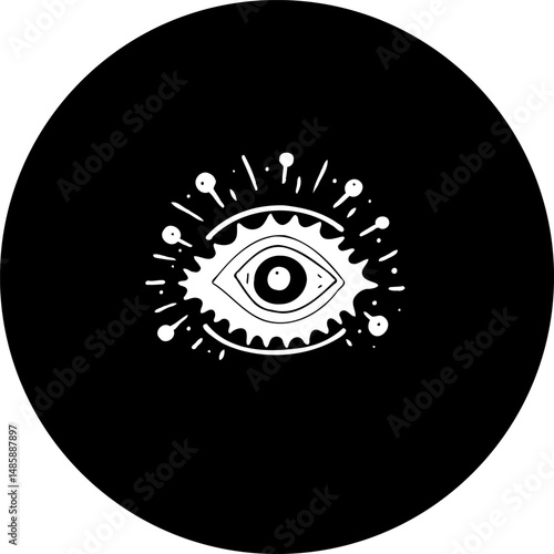 Esoteric eye symbol radiating light within a black circle background