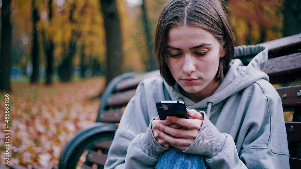 A young woman sits on a park bench, looking at her phone. She wears a gray hoodie and jeans, with autumn leaves scattered around her. A young woman sits on a park bench, looking at her phone. She wears a gray hoodie and jeans, with autumn leaves scattered around her.