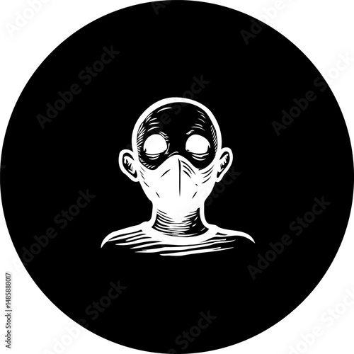Masked figure illustration in stark black and white contrasts within circular field