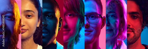 Принти на полотні Collage of diverse half faces of people under neon light against colored backgrounds