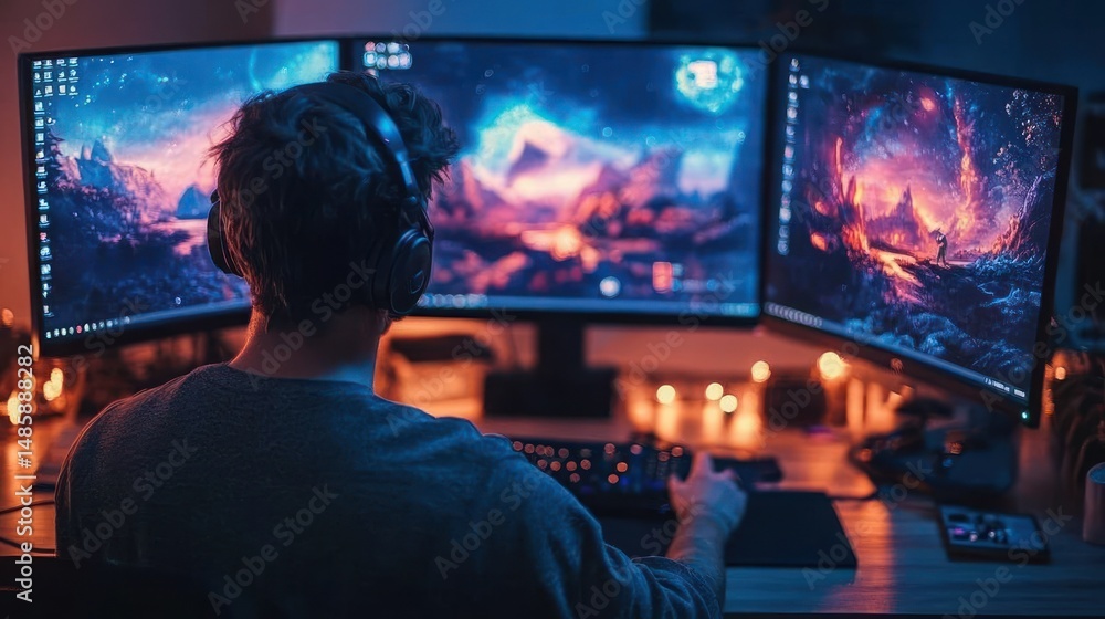 Person wearing headphones sitting at desk with three large monitors displaying vibrant fantasy landscapes in dimly lit room with warm ambient lights Person wearing headphones sitting at desk with three large monitors displaying vibrant fantasy landscapes in dimly lit room with warm ambient lights