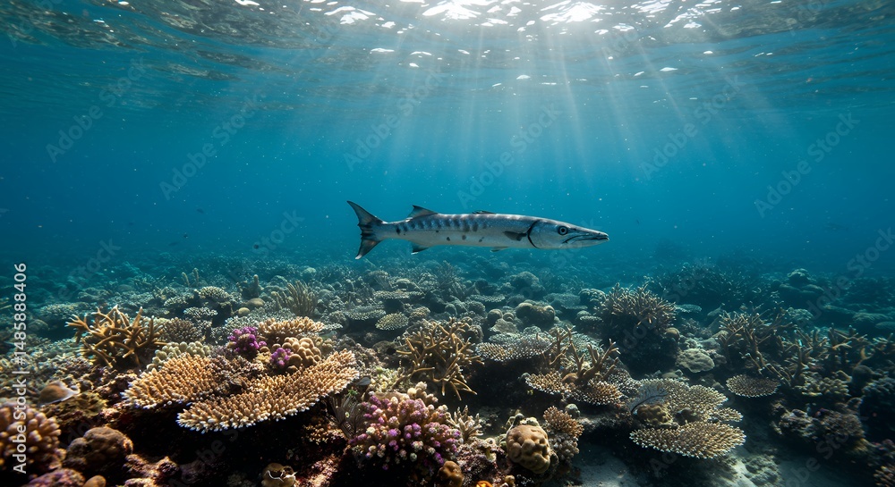 Obraz premium Barracuda Swimming Near a Coral Reef