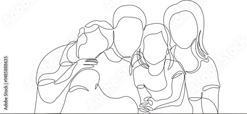 Happy family with two children in continuous line drawing style. United family portrait of parents with their daughter and son black linear sketch isolated on white background. Vector illustration
