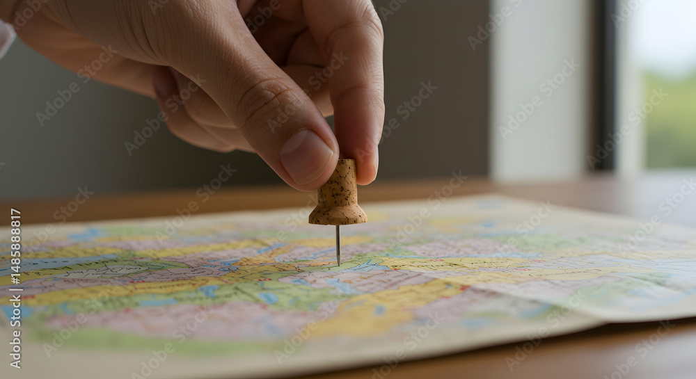 Fototapeta premium Travel, Journey, Adventure, Hand Placing Cork Pin on Map