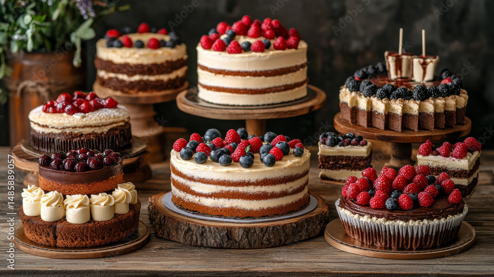 Assorted artisanal cakes displayed on a rustic counter in warm lighting Assorted artisanal cakes displayed on a rustic counter in warm lighting