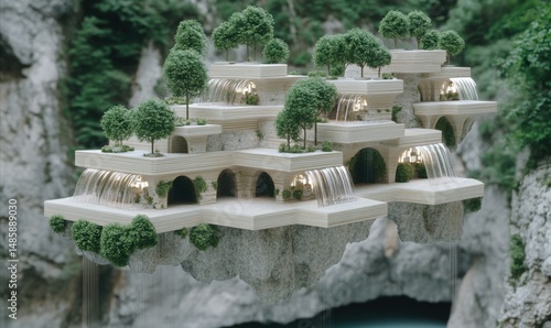 Cliffside Oasis Multi-level architecture, waterfalls, lush greenery, serene background, ideal for architectural design