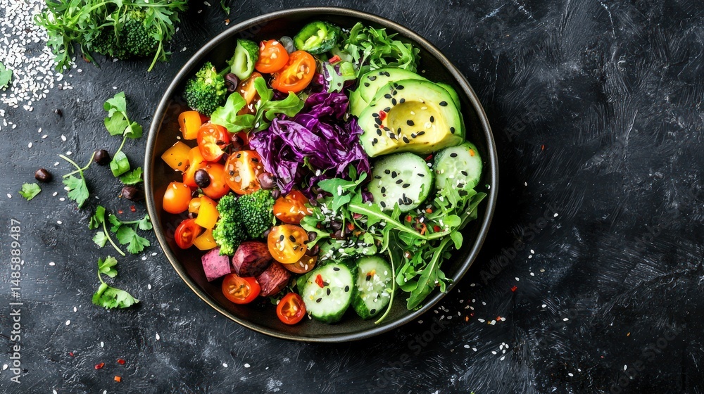 A vibrant salad bowl filled with a colorful mix of vegetables, including tomatoes, cucumbers, red cabbage, and avocado, set against a dark, textured background. A vibrant salad bowl filled with a colorful mix of vegetables, including tomatoes, cucumbers, red cabbage, and avocado, set against a dark, textured background.