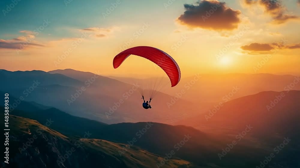 Experience the thrill of paragliding over breathtaking mountain landscapes as the sun sets, casting warm colors across the sky and illuminating the valleys below Experience the thrill of paragliding over breathtaking mountain landscapes as the sun sets, casting warm colors across the sky and illuminating the valleys below