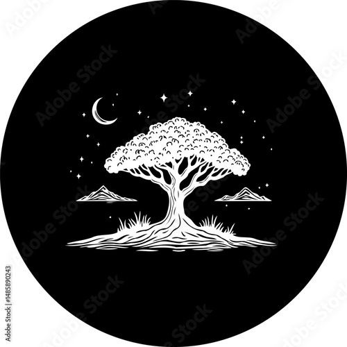 Monochrome illustration of a solitary tree beneath a celestial canopy landscape