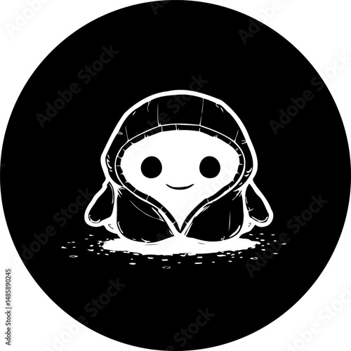 Monochromatic cartoon character in hooded robe set against a dark circle background
